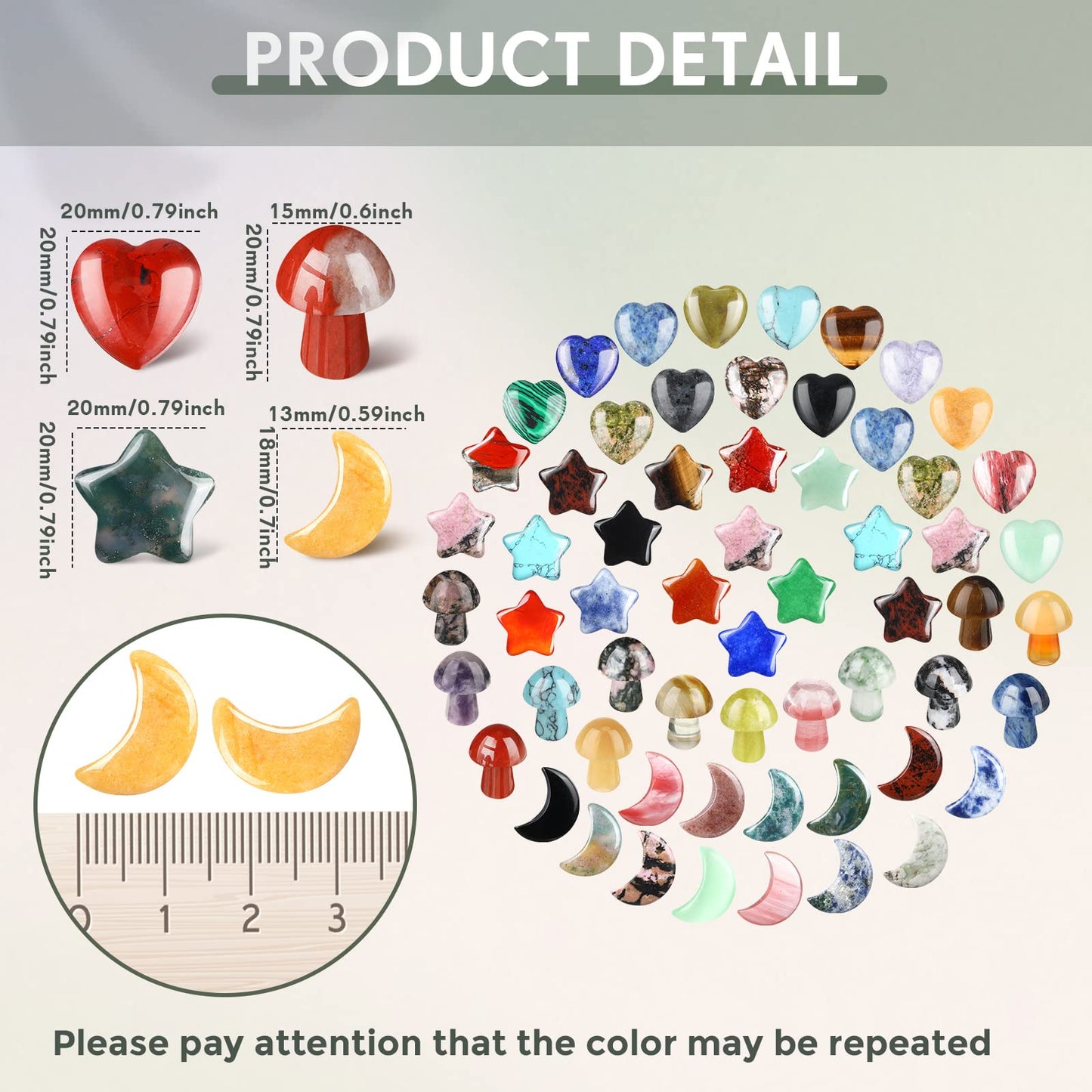 Nuenen 60 Pieces 20 * 20 * 6 mm Crystal Mushroom Sculpture Heart Shaped Moon Star Crystals Stones Bulks Worry Stones Assorted Hand Making Palm Thumb Gemstones for Witchcraft Meditation Reiki(Simple)