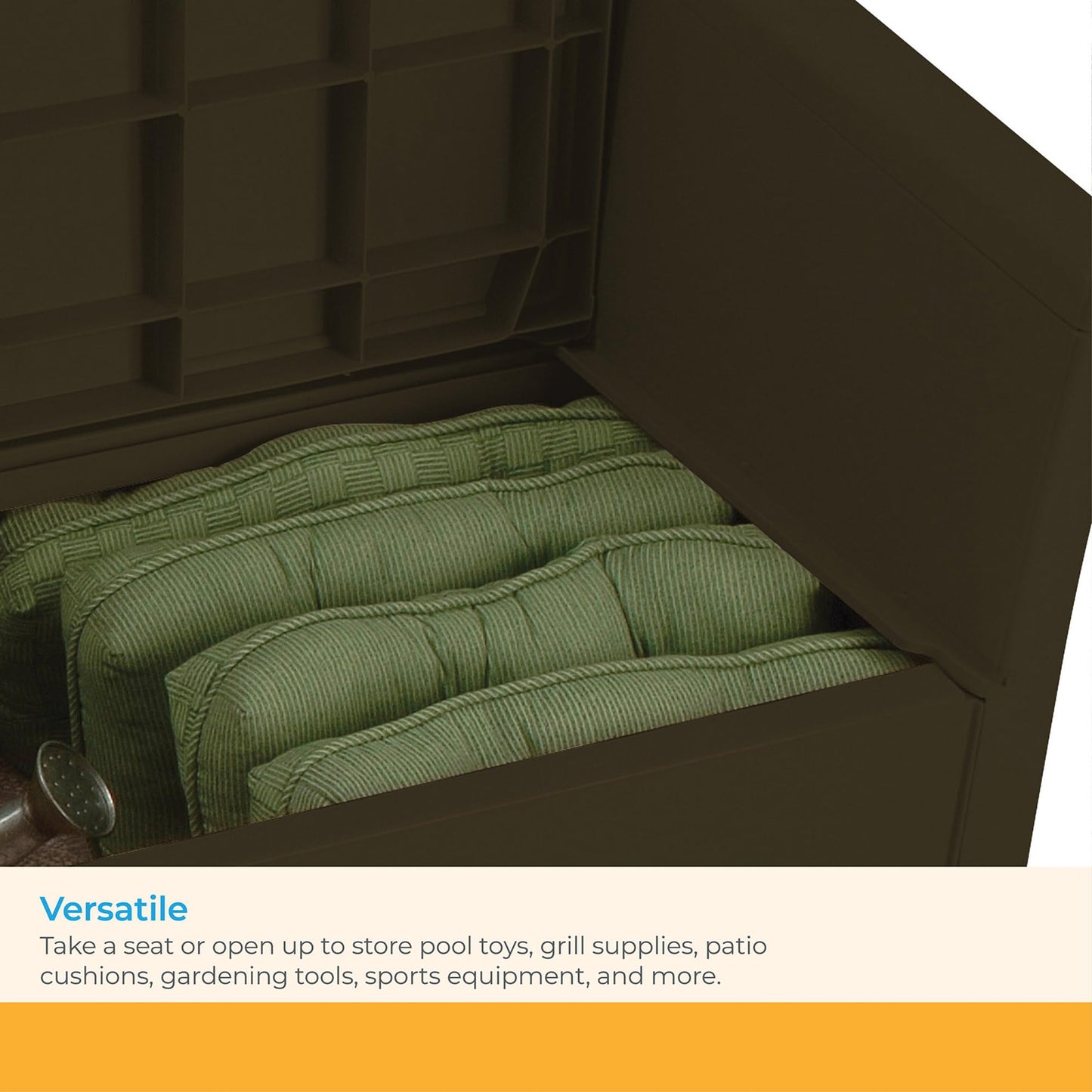 Suncast 31 Gallon Outdoor Backyard Garden Patio Seat Storage and Bench Chair with Arm Rest, Java