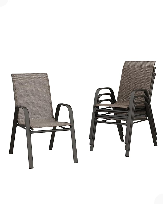 Outdoor Stackable Dining Chairs Set of 4, High-Back Patio Stacking Chairs, Patio Chairs with Textilene Farbic & Metal Frame for Lawn Backyard Deck Garden,Brown