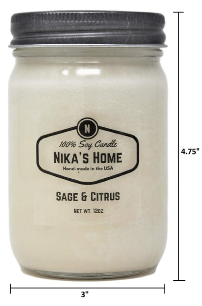 Nika's Home Sage & Citrus Soy Candle - 12oz Mason Jar - Non-Toxic - Hand Poured in The USA, Long Burning 50-60 Hours Highly Scented All Natural, Clean Burning