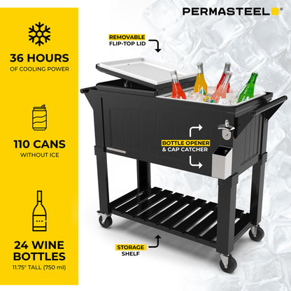 Permasteel Party Cooler with Divider, Spacious 80-Qt Capacity, Chills 36hrs, Serving Tray, Rolling Ice Chest for Indoor and Outdoor Entertainment, Matte Black