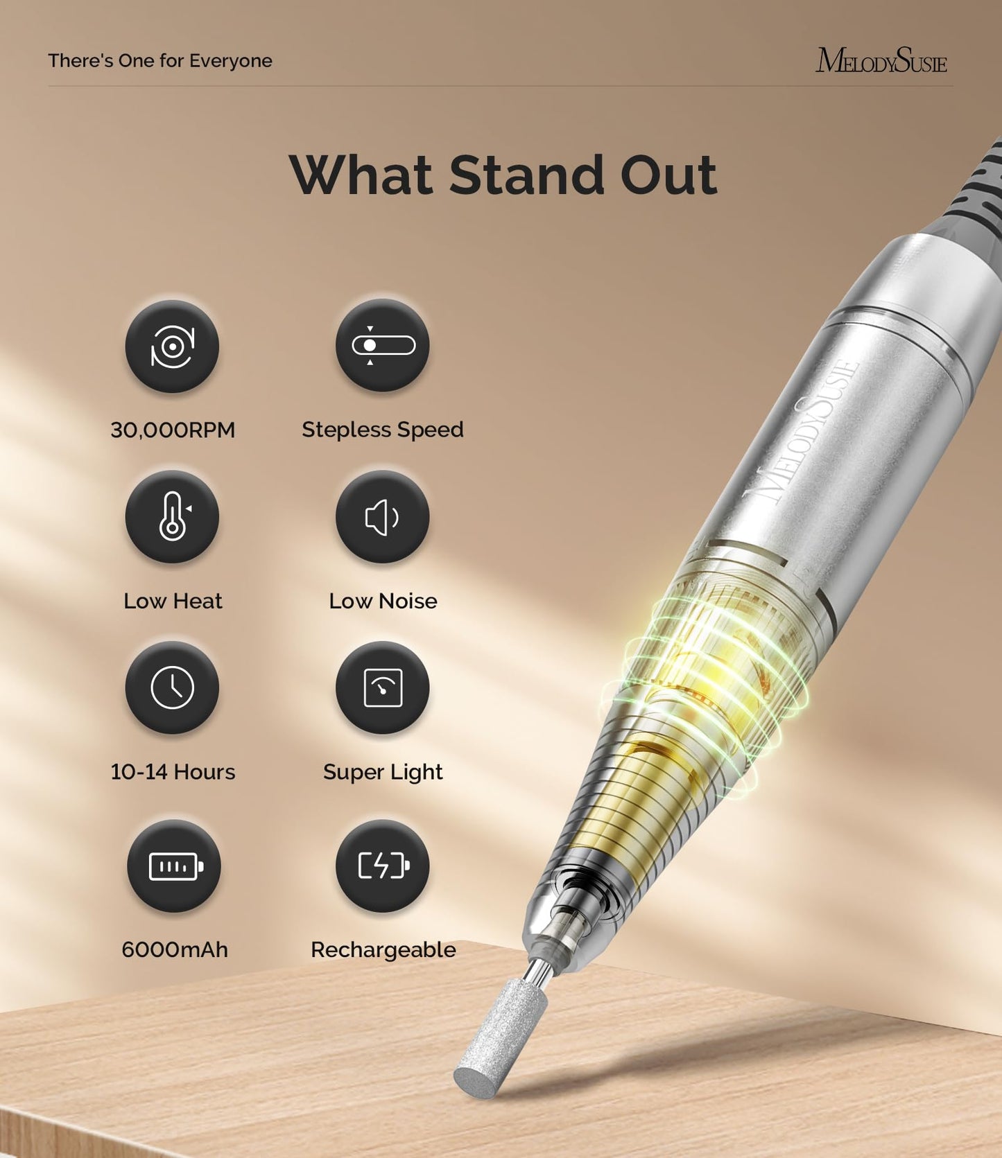 MelodySusie Professional Rechargeable 30000 RPM Nail Drill,SC320H Portable Electric E File Scamander, Acrylic Gel Grinder Tools with 6 Bits and Sanding Bands for Manicure Pedicure Carve Polish(Black)