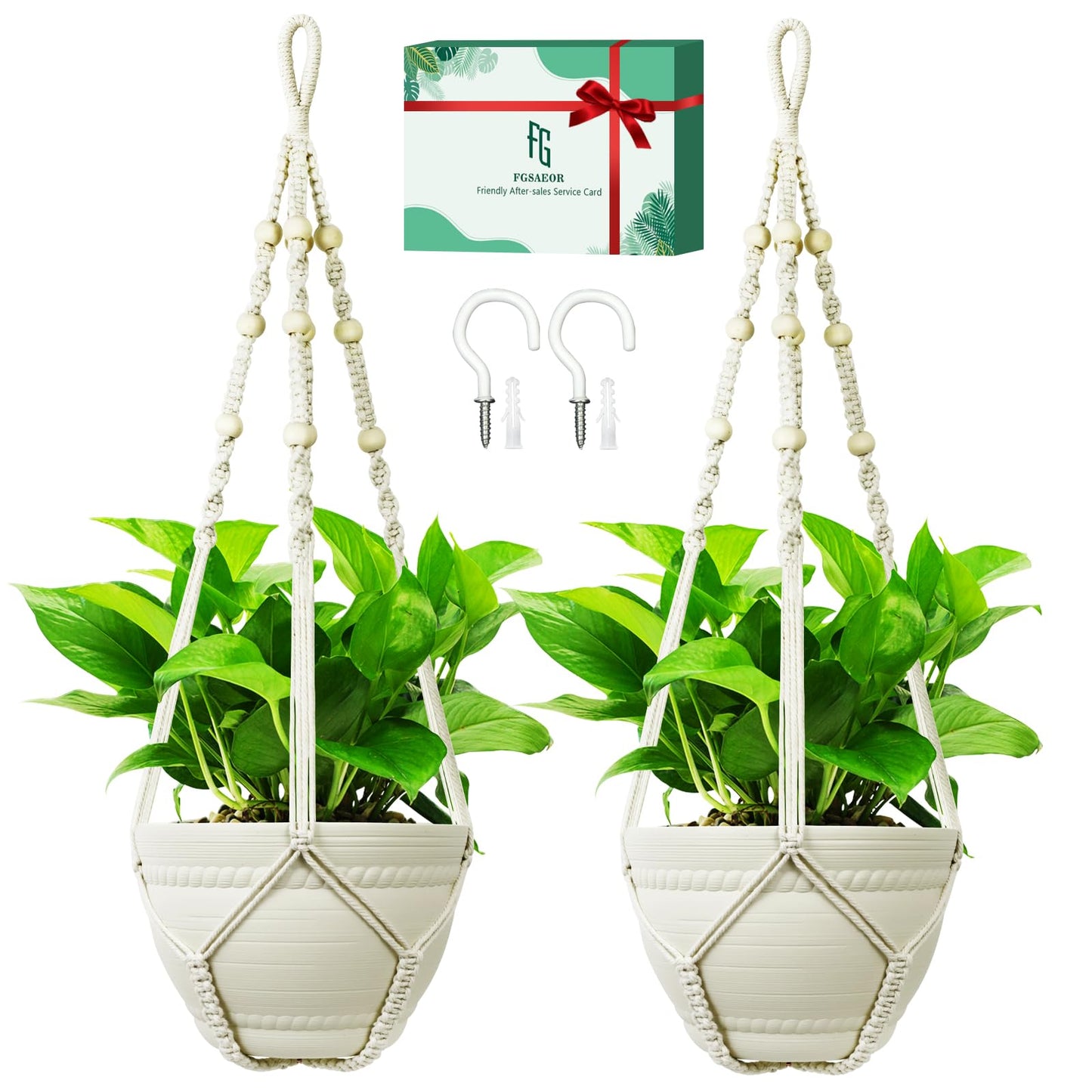FGSAEOR Macrame Plant Holder Basket, Hanging 3-15 inch Pot, Bearing 20lb Planters, 35 Inches Extra Long Strong Boho Home Indoor Outdoor Décor (2-Pack) (Ivory)