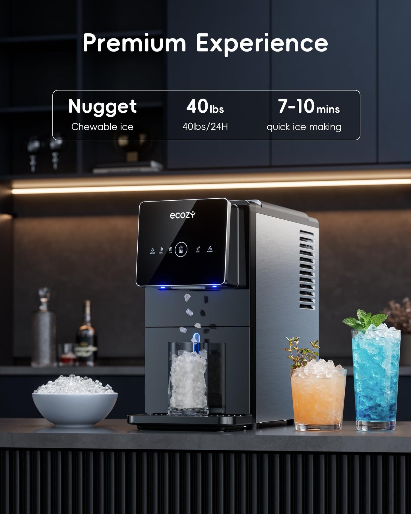 ecozy Nugget Ice Makers Dispenser 40 lbs Per Day Pebble Sonic Ice Machine Countertop, Touch-Free Ice, Self-Cleaning, Mistalo Drop Slim for Home Kitchen Office