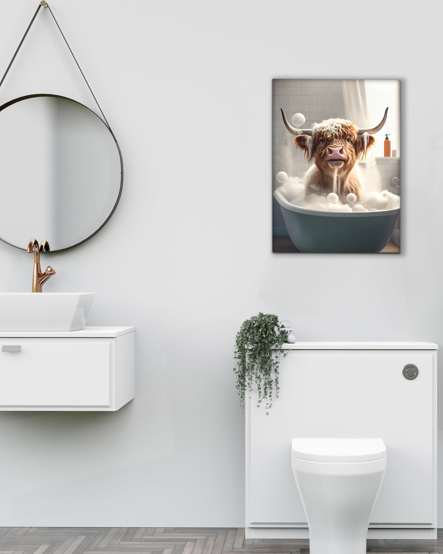 UPWOIGH Funny Bathroom Wall Art Decor,Highland Cow Wall Art, Waterproof Wood Framed Canvas Wall Art Bathing Animals Humor Abstract Prints, 12x16in High-end Pictures for Bedroom Kids Room 1 Pack