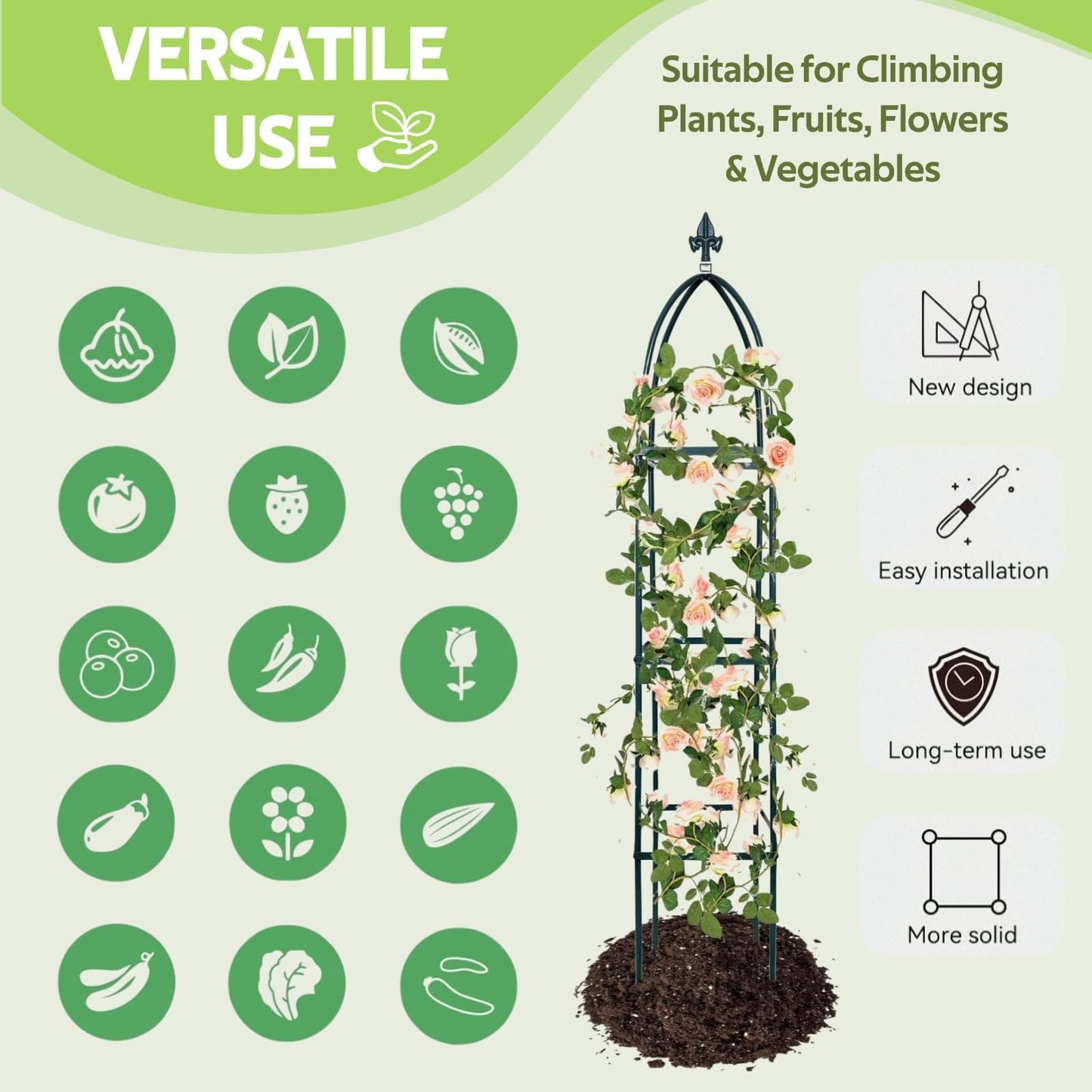 100% Metal Obelisk Trellis for Climbing Plants Outdoor & Indoor - Powder-Coated Steel Tower Obelisk Plant Support - Heavy Duty Rust-Proof Garden Trellis for Climbing Vine Vegetables Flowers Black