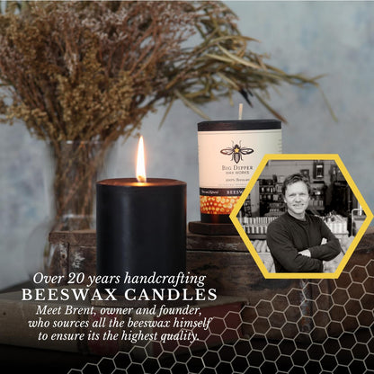 Big Dipper Wax Works Black Pillar Candle, 60-Hour Long Burn, Pure Beeswax Candle, 3" x 3.5”