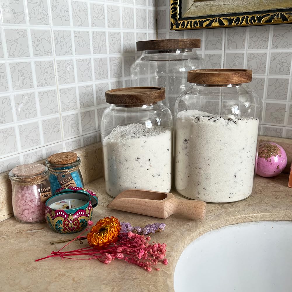 BEECO GIF2U 66 oz Bath Salts Glass Jar with Wooden Lid and Scoop,Bathroom Decor Container,Airtight Storage Bathtub Accessories for Women