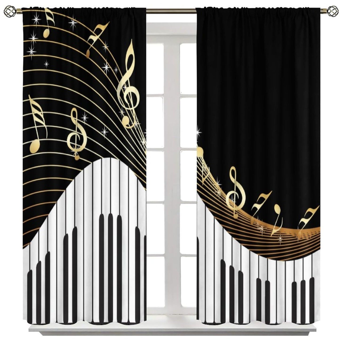 Black White Music Curtains，Abstract Piano Key Musical Notes Art Pattern Drapes Window 2 Panel Rod Pocket Curtain for Bedroom Living Room Decor 41" W X 45" L 30%