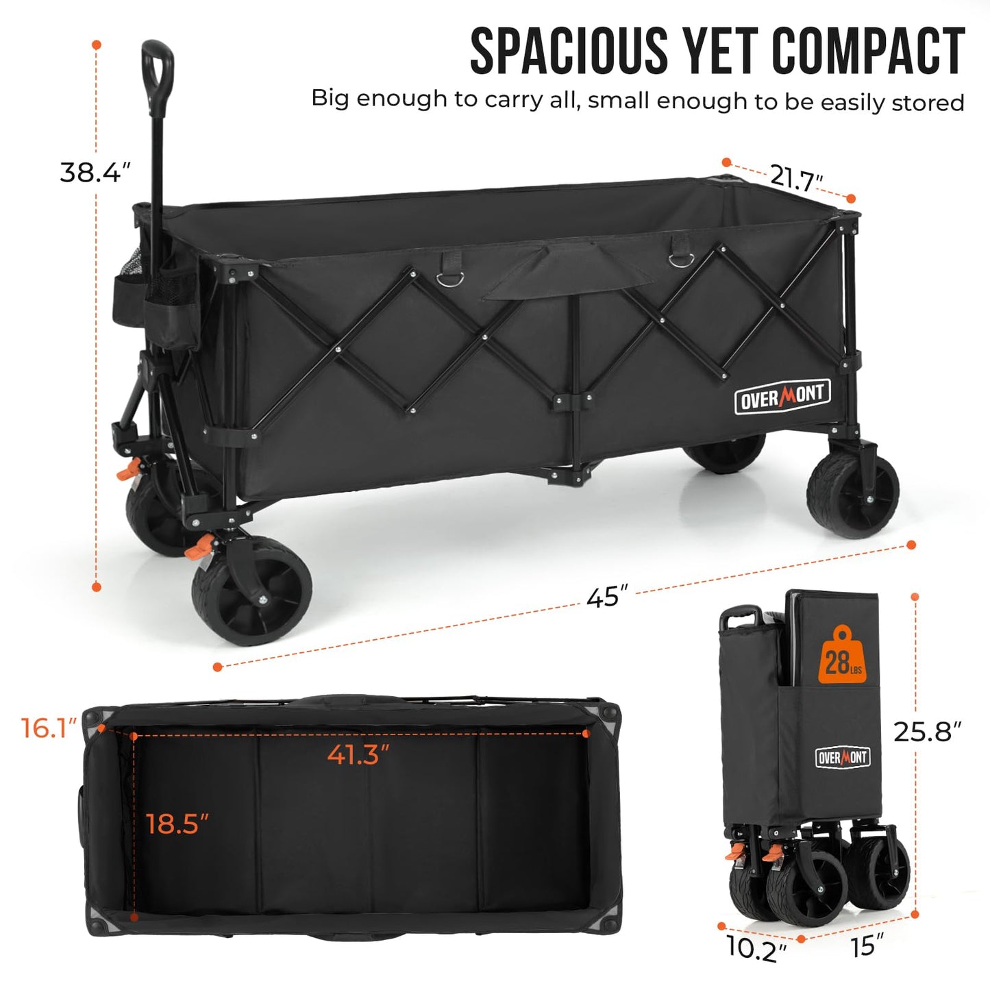 Overmont 300L Extra Large Folding Festival Trolley Cart - All-terrain Wide Wheels and Brake - Heavy Duty Cart Load up 200KG - with Adjustable Handle & Cover Bag - Wagon for Beach Camping Garden