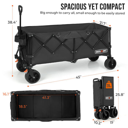 Overmont 300L Extra Large Folding Festival Trolley Cart - All-terrain Wide Wheels and Brake - Heavy Duty Cart Load up 200KG - with Adjustable Handle & Cover Bag - Wagon for Beach Camping Garden