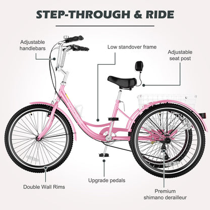 H&ZT Adult Tricycle, 3 Wheeled Bike, Trike Cruiser Bike, with 7-Speed Gear, Parking Brake Handle, Low Step, Large Rear Basket, Elderly Friendly, for Men, Women, and Teens