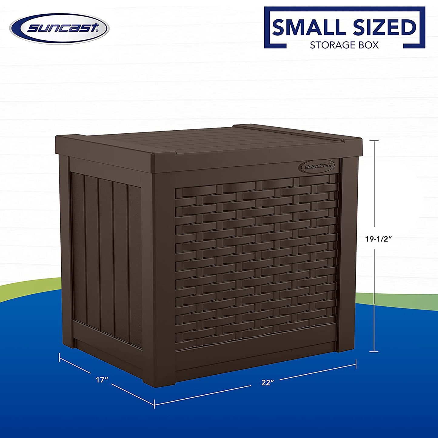 Suncast 22-Gallon Small Deck Box - Lightweight Resin Storage Container and Seat for Patio Cushions and Gardening Tools - Store Items on Patio, Garage, 22.5"L x 17"W x 22.5"H, Yard - Java Brown