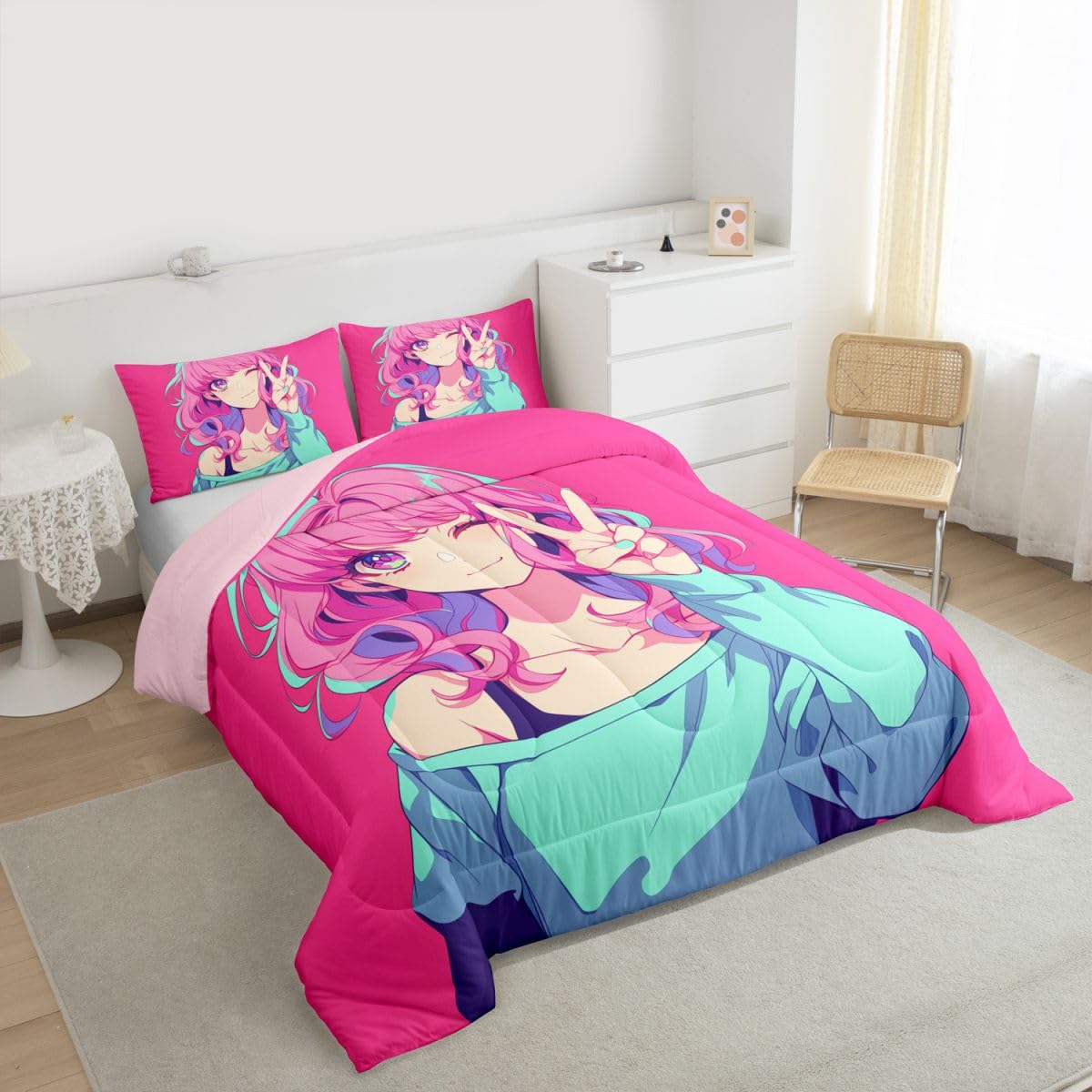 Erosebridal Japanese Anime Bedding 3D Anime Girl Comforter Set 2Pcs, Kawaii Japanese Style Bedding Comforter Sets Cartoon Uniform Girl Duvet Insert for Girls Hot Pink Room Decor, Twin
