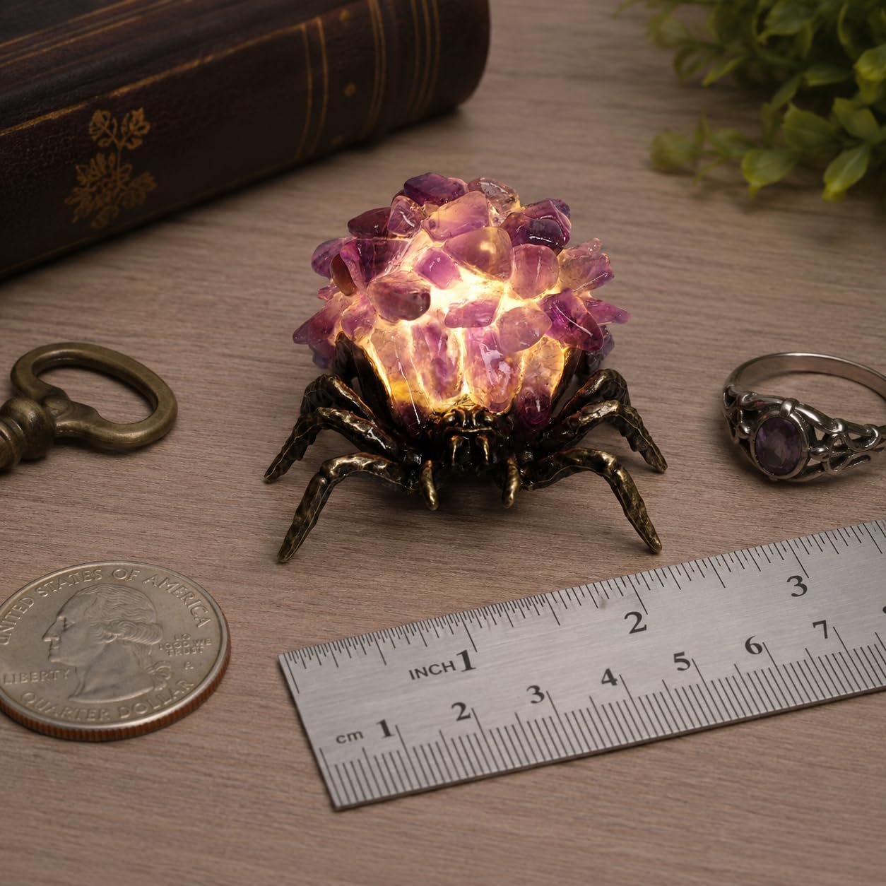 Amethyst Crystal Spider Lamp - Natural Cluster Stone Desk Decor, Dimmable Goth Amethyst Night Light with Bronzed Metal Base, Unique Healing Crystal Gifts for Women, Witchy Boho Home Office Decor