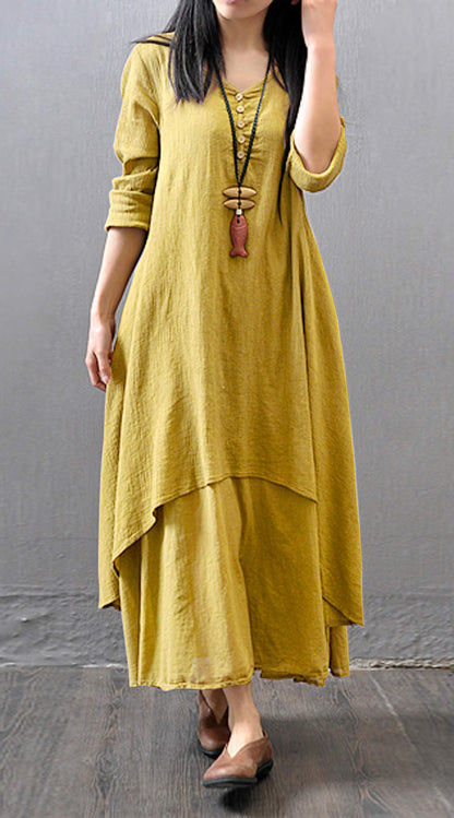 R.Vivimos Women Long Sleeve Cotton Casual Loose Plus Size Irregular Long Dresses