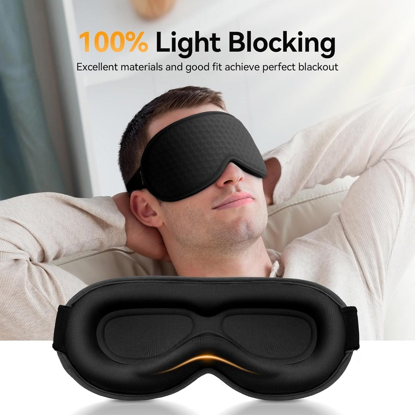 Blackout Sleep Mask: Weighted Eye Mask for Men Women - 3D Contoured Zero Pressure and Eyelash Free - Airplane Travel Nap Night Sleeping Blindfold - Adjustable Ear-Friendly Breathable Comfortable Black