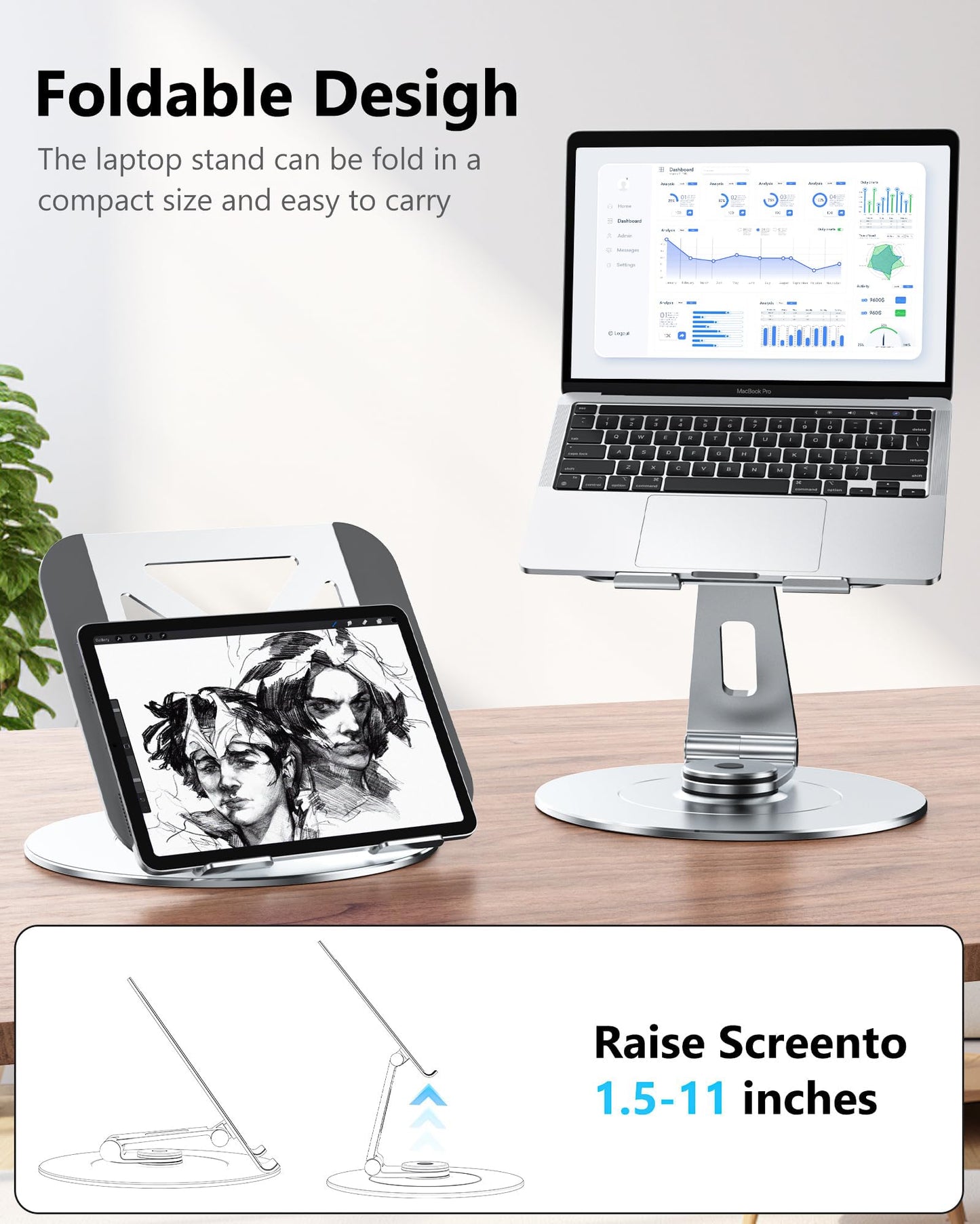 Adjustable Laptop Stand, Computer Stand with 360 Rotating Base, Ergonomic Laptop Riser Mount for Desk Foldable Protable Computer Desk Fits with MacBook Pro Air (10-16") - Black