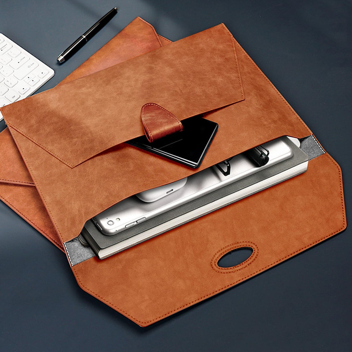 VANRA PU Leather File Folder Document Organizer Holder Waterproof Filing Envelope Case with 2 Pockets, A4 Portfolio Folder with Magnetic Snap Button Closure (Brown)