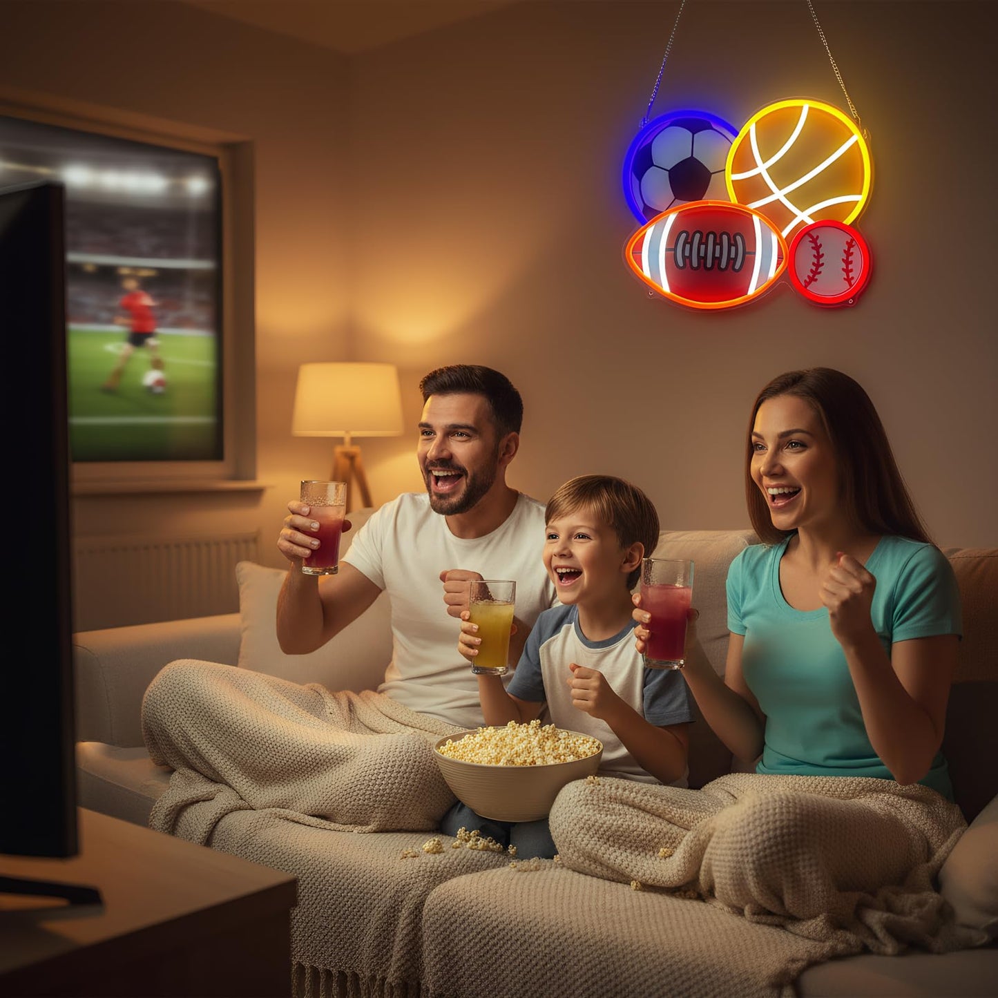 4 Ball Sport Neon Sign, Soccer Basketball Baseball Football Neon LED Light Wall Decor with Printed Design, Sports Themed for Boy's Bedroom Playroom Man Cave Home College Club Birthday Party Decor