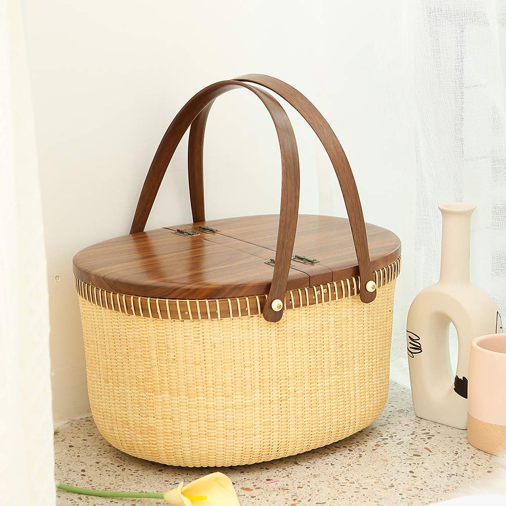 Teng Tian Nantucket Basket Crafts Cane-on-Cane Weave Picnic Basket Shopping Basket Basket Storage Basket Two Swing Handles (Black Walnut Activity Double Open)