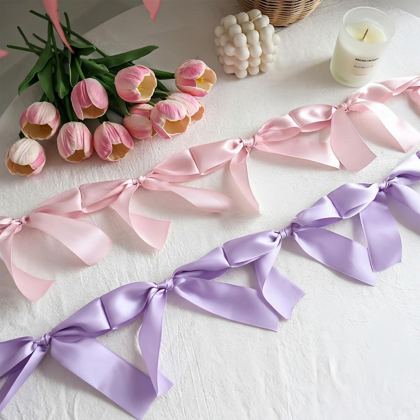 Eanjia Bow Knot Garland | 6ft Linking Satin Bow Banner with 3ft Extend Ribbon for Coquette Bachelorette Party, Baby Shower,Bridal Shower Wedding Baby Room Bed Decor (Violet, 6ft)