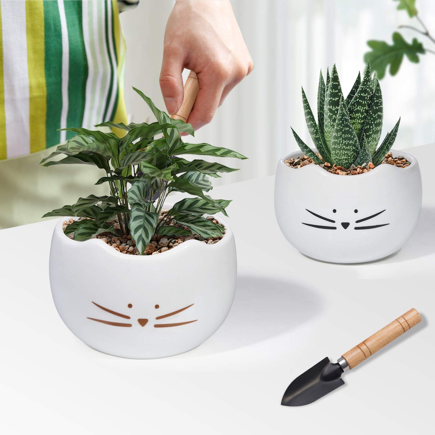 Koolkatkoo 5.5 Inch Cute Cat Succulent Planter Pots Cactus Planters Flower Pots White Set of 2