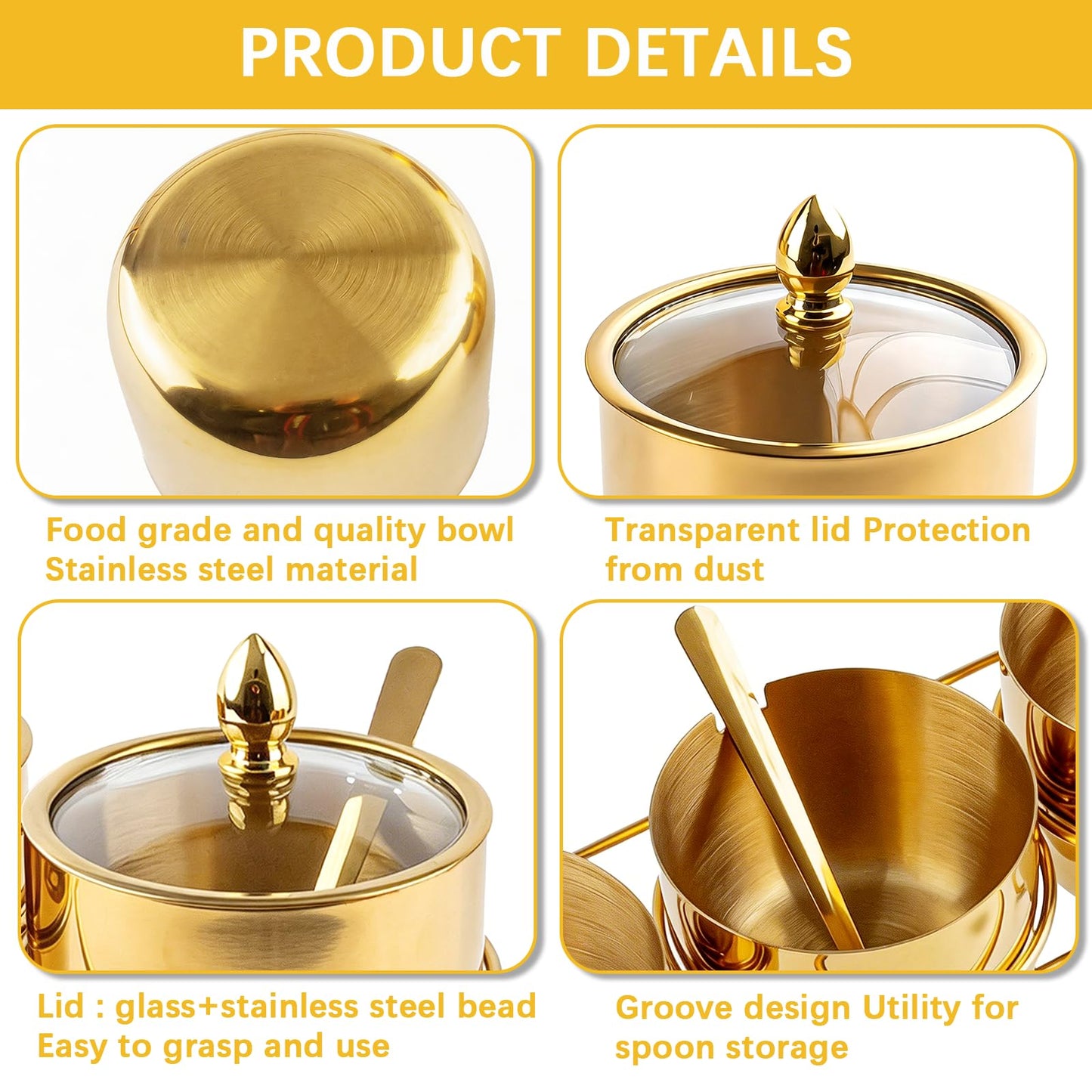 Orepzinc 3 Pcs Gold Coffee and Sugar Dispenser with Storage Rack - Stainless Steel Gold Sugar Container Condiment Dispenser with Glass Lid and Spoon for Home Kitchen for Salt, Coffee Bean