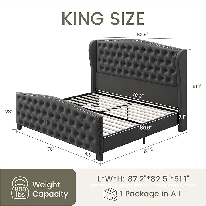 LARMACE King Size Bed Frame Velvet Upholstered Platform Bed
