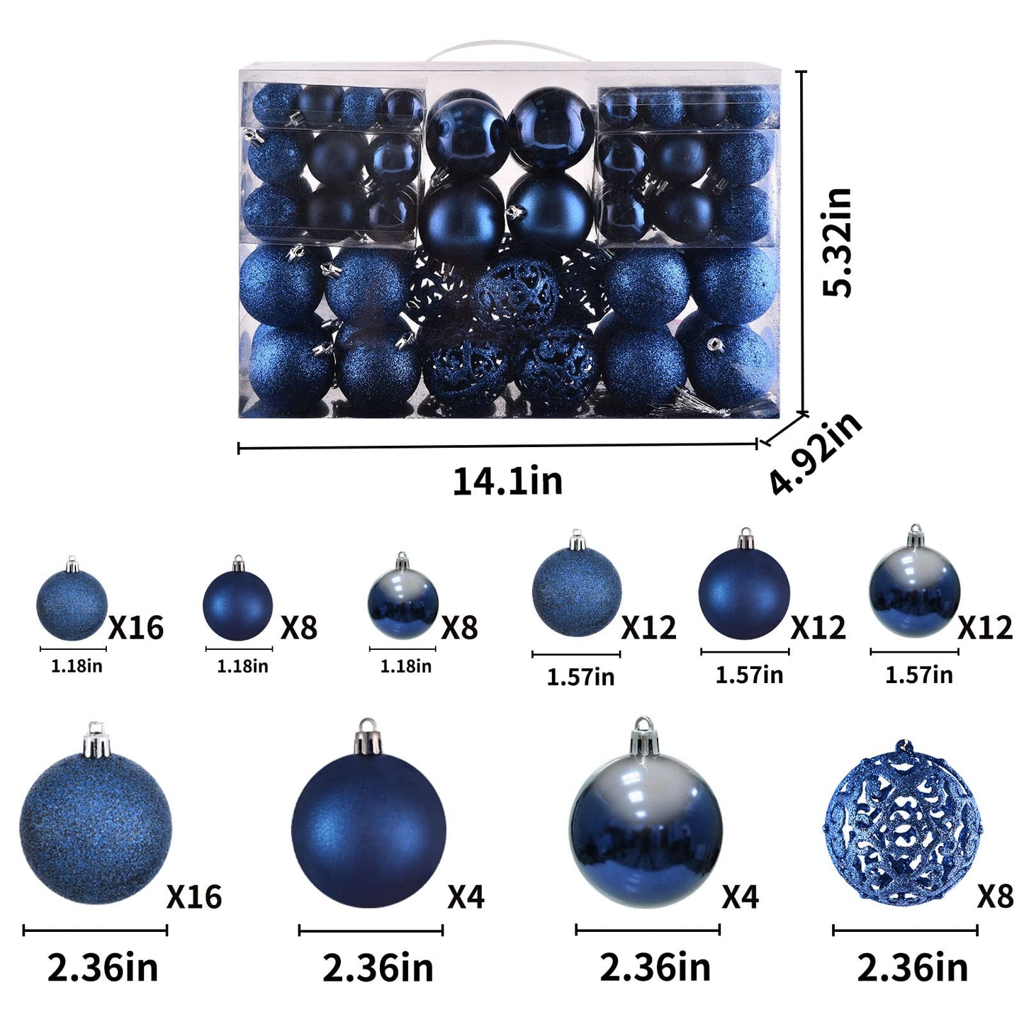 Christmas Balls Tree Ornaments Set, Shatterproof Xmas Decorations Set with Reusable Hand-held Gift Package for Holiday Indoor Tree Decor (100Pcs, Dark Blue)
