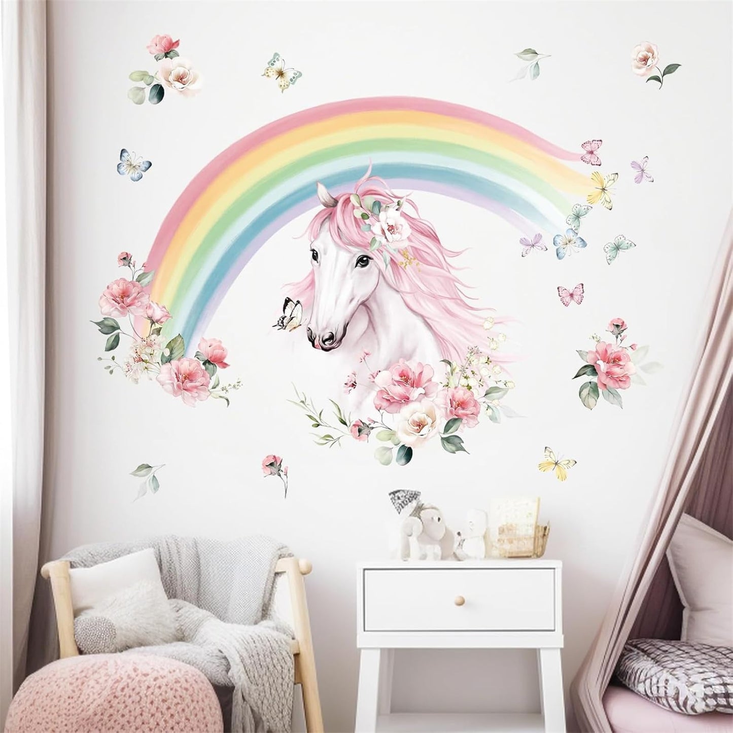 wondever Large Rainbow Wall Decals Horse Flower Peel and Stick Wall Art Stickers for Girls Bedroom Kids Room Baby Nursery