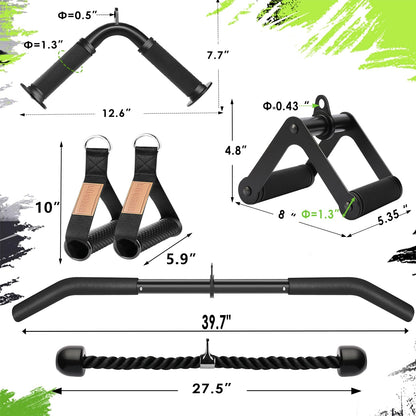 Cable Machine Attachment Set LAT Pulldown Attachments,Cable Machine Accessories for Home Gym Weight Workout Include LAT Pulldown Bar,Double D Bar, Tricep Rope,V Bar (Black-5 pcs)