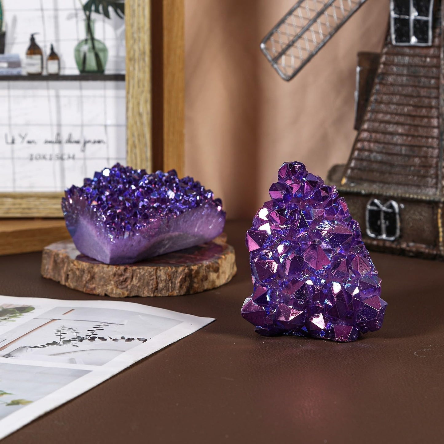 Sportmusies Titanium Coated Rock Crystal Cluster Specimen Home Office Decoration, Irregular-Shaped Quartz Cluster Stone for Reiki Healing Meditation, Purple