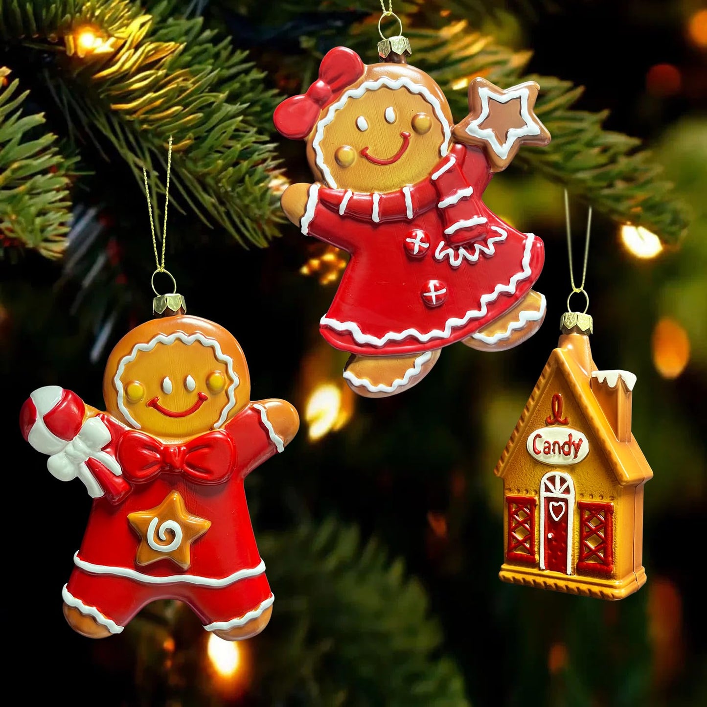 IGERI 3pcs Gingerbread Christmas Tree Ornaments Set 2025 House Shatterproof Ornament 3D Decorations Indoor Unique Decor Gifts for Grandkids