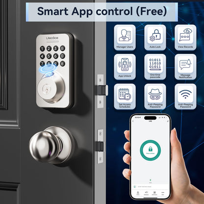 Ulecoce Fingerprint Keypad Deadbolt with Handle Set, Keyless Entry Door Lock, Door Locks for Front Door Lock Set, App Control, Auto Locking, Easy to Install, Satin Nickel