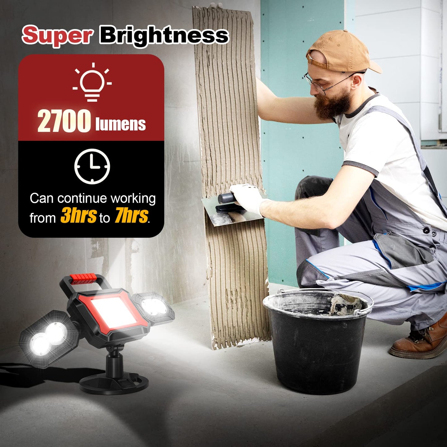 SYLSTAR Rechargeable Work Light, 25W 2700LM COB LED Magnetic Light with USB Power Bank Function, Rotatable Portable Flood for Construction Site, Garage, Workshop, Car Repairing, Black, (ST2700)