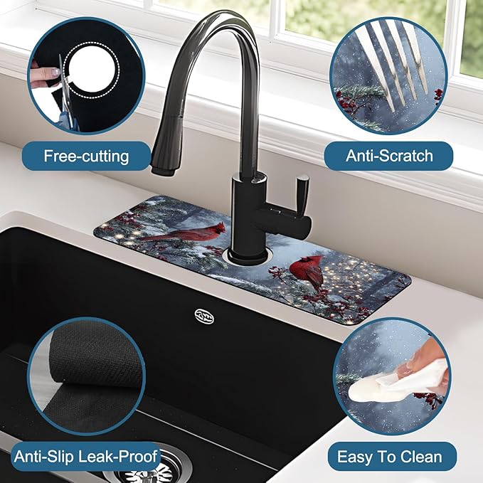 Winter Sink Splash Guard Faucet Mat Cardinal Christmas Super Absorbent Fast