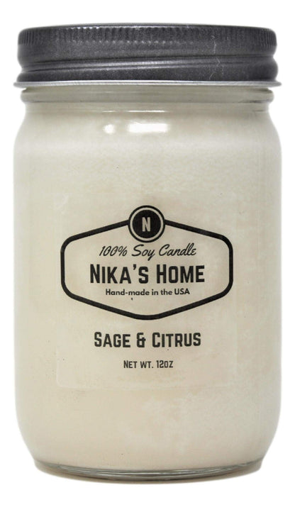 Nika's Home Sage & Citrus Soy Candle - 12oz Mason Jar - Non-Toxic - Hand Poured in The USA, Long Burning 50-60 Hours Highly Scented All Natural, Clean Burning