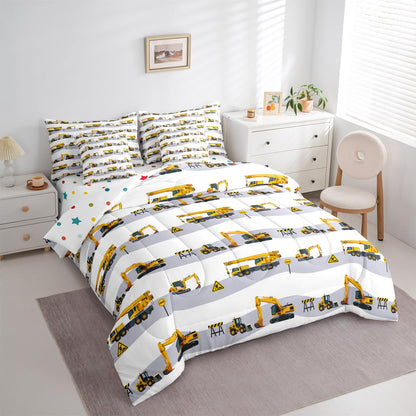 Erosebridal Cartoon Car Comforter Set with Sheets Twin Size Truck Excavator Bed in A Bag 7 Piece Yellow Tractor Bedding Set for Kids Boys Children Bedroom Construction Vehicle Bulldozer Bed Sets