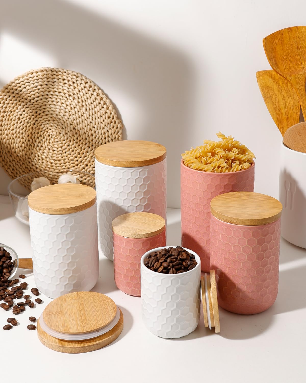 ZEBERBO Kitchen Canisters Set with Airtight Bamboo Lid, Pink Honeycomb Design, Ceramic Canister Set of 3, Sugar Flour Coffee Containers for Countertop, Food Storage Container Jars Set