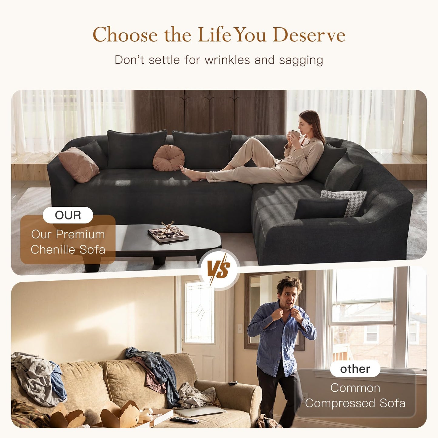 Vesgantti 110" Modern Curved Sectional Sofa, Oversized Chenille Cloud Couch for Living Room, Comfy Luxury L-Shaped Boneless Sofa with Extra Deep Seat, Tool-Free Assembly, Black
