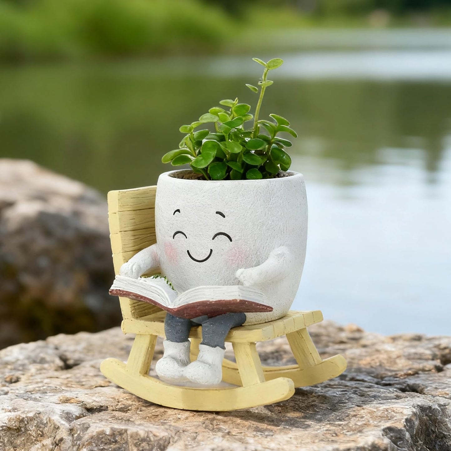 Smiley Face Planter Pot, Cute Resin Head Planter with Drainage Hole, Unique Rocking Chair Succulent Pot for Indoor Outdoor Plants, Funny Plant Lovers Gift for Mother's Day and Christmas (Side-Sitting)
