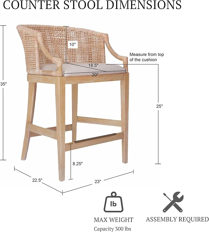 Martha Stewart Farmhouse Counter Height Bar Stools, Handcrafted Rattan Counter