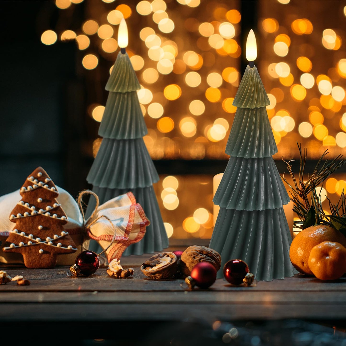 Wondise Christmas Tree Flameless Candles with 6hrs Timer, Real Wax Battery Operated 3D Wick LED Candles Flameless Flickering Candles for Christmas Holiday Decor (2 pcs 3" x 7.1")