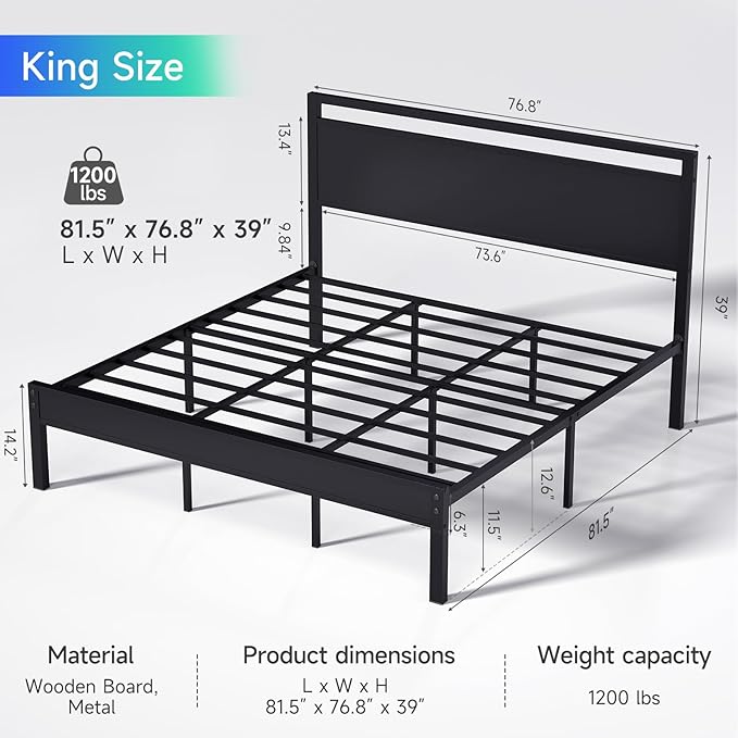 Z-hom Upgraded King Size Bed Frame, Heavy Duty Metal Sturdy King Bed Frame