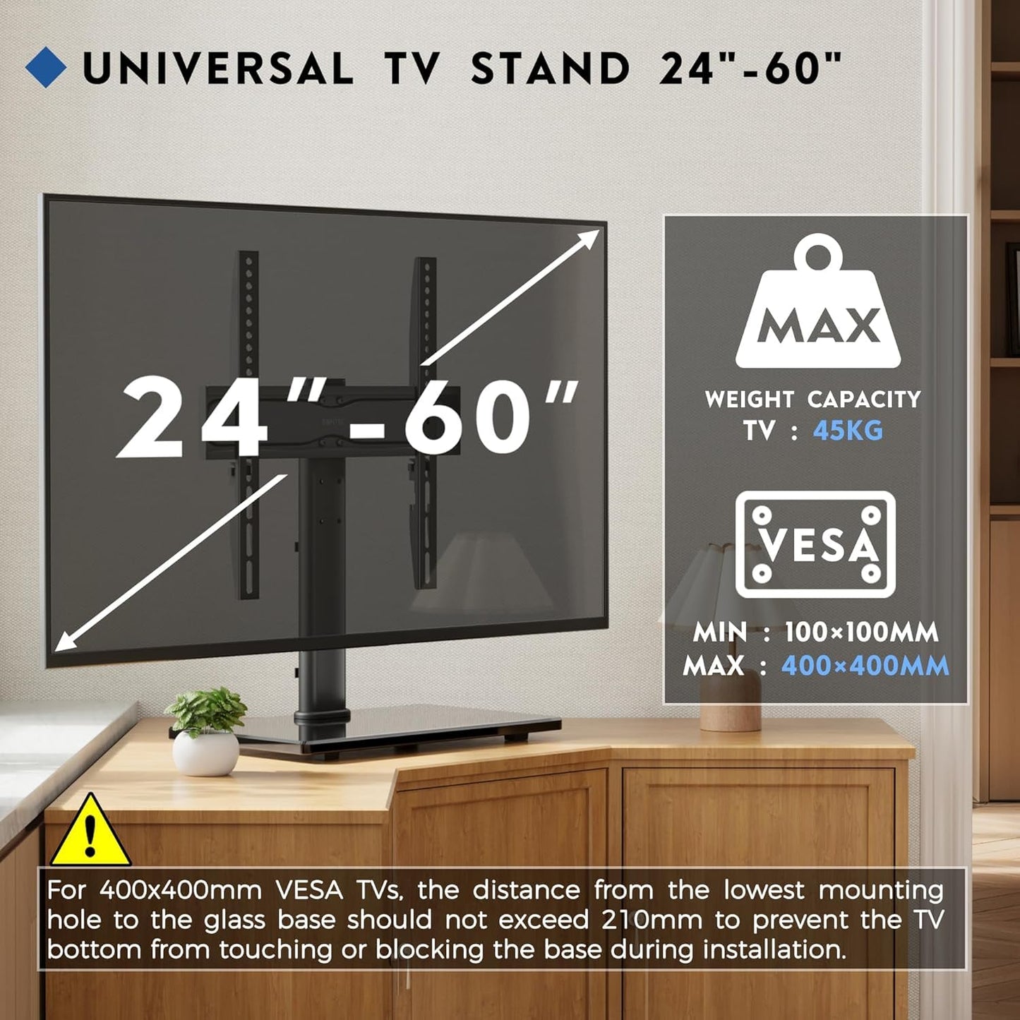 BONTEC Universal TV Stand for 24–60 Inch LCD LED OLED Plasma TVs, Height Adjustable Table Top Pedestal with Bracket, 8mm Tempered Glass Base, 45kg Load, Max VESA 400x400mm, Cable Management