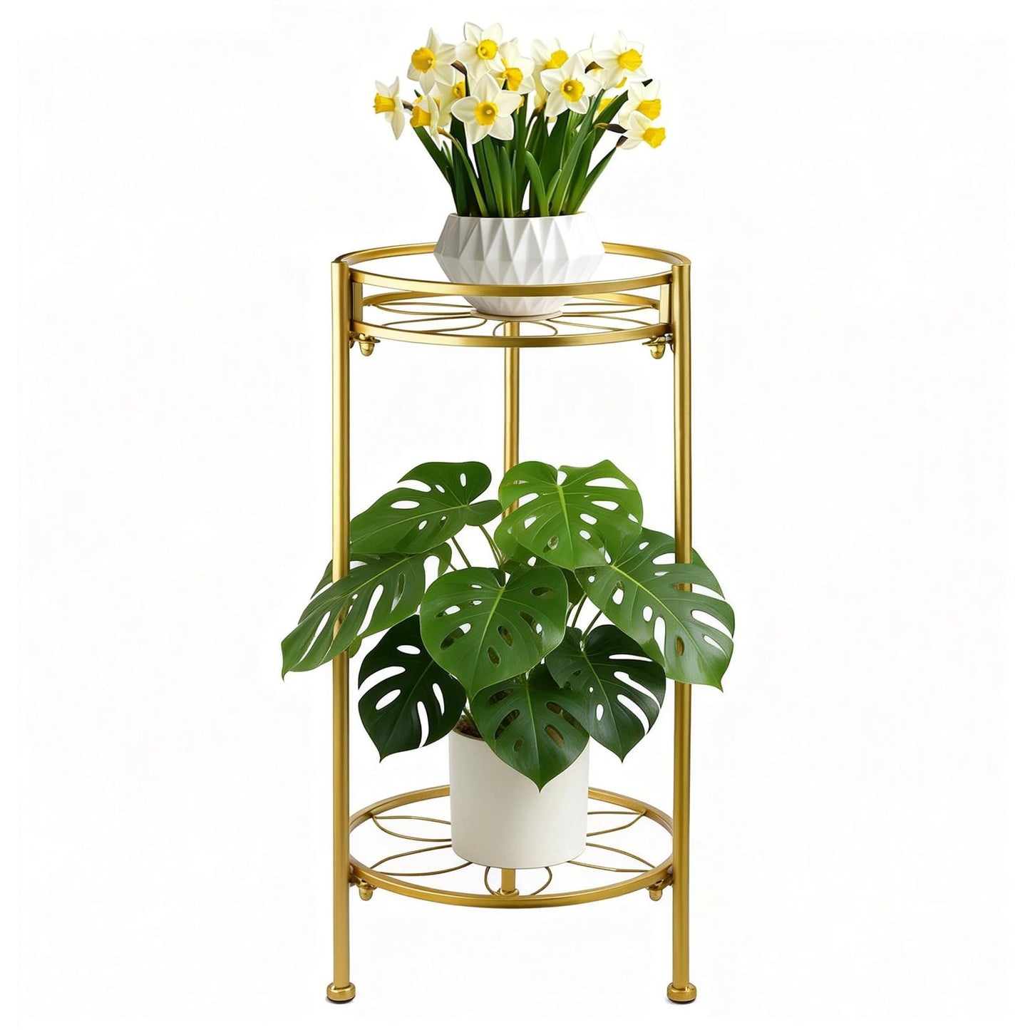 2 Tier Metal Plant Stand, Sturdy Heavy Duty Adjustable Two Tier Flower Pot Holder for Indoor Outdoor, Small Spaces, Balcony, Kitchen, Living Room, Patio - Tall Plant Shelf for Succulents, Heavy Pots, Potted Herbs （Gold）