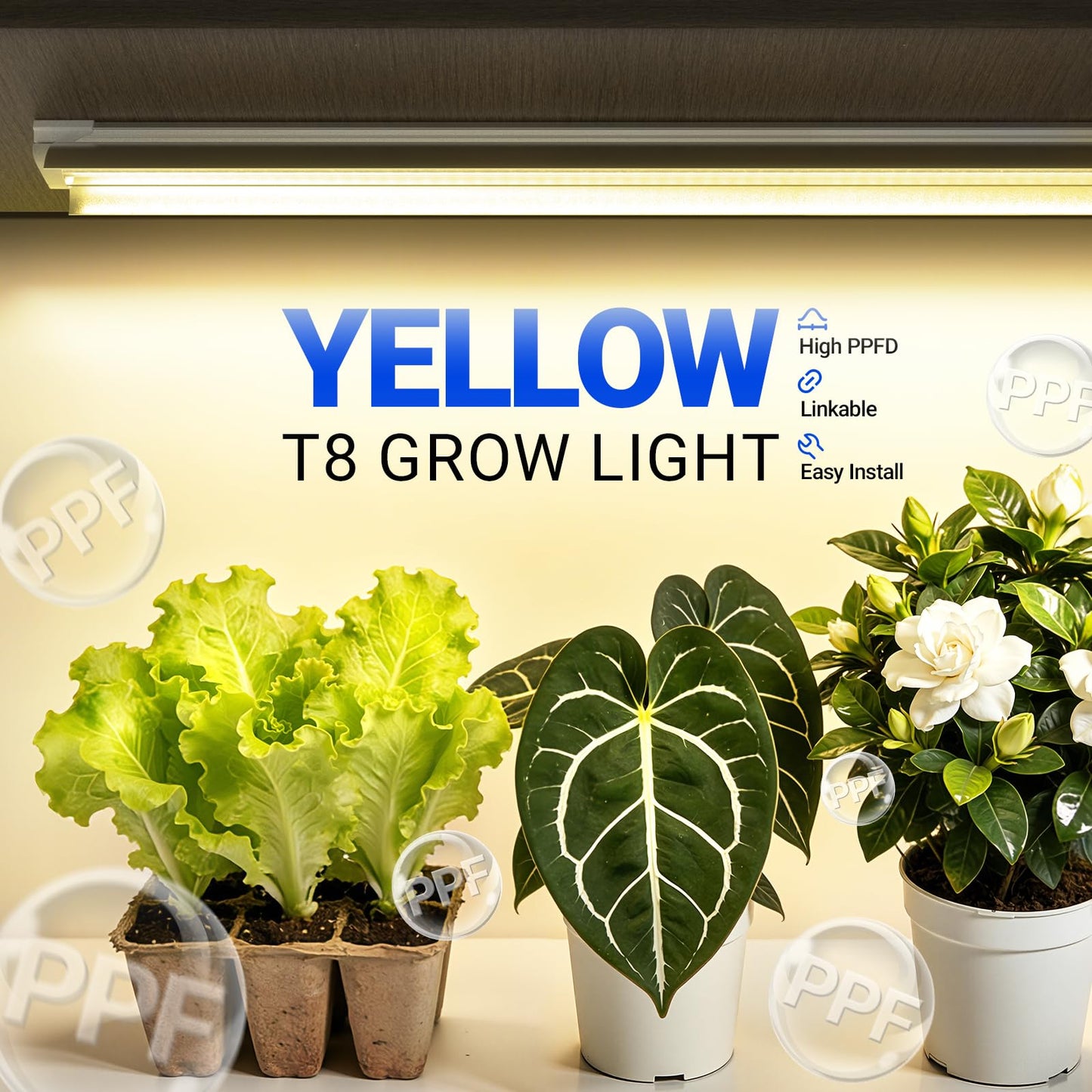 Barrina T8 Grow Light, 252W(6 x 42W, 1400W Equivalent), Full Spectrum, LED Grow Light Strips, T8 Integrated Growing Lamp Fixture, Grow Shop Light, with ON/Off Switch, 4FT 6 Packs, Yellow