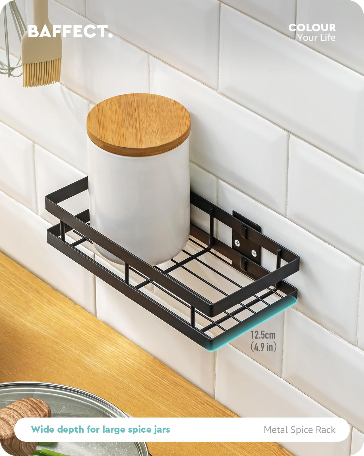 Baffect Metal Spice Rack Wall Mount Floating Shelves 2 Pack Black Storage organizer for Cabinet Door Pantry Kitchen Bathroom Supplies (9.8inches length)