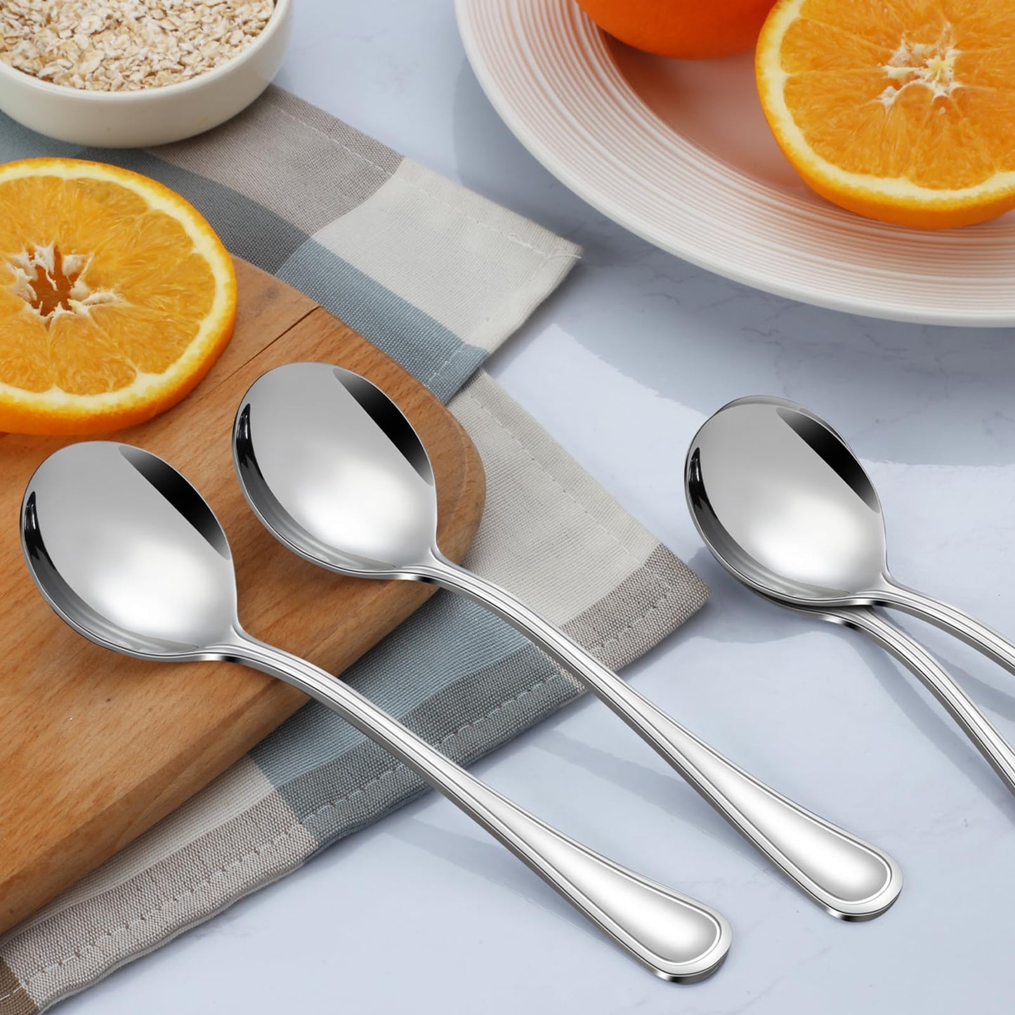 Hunnycook 24-Piece Soup Spoons - Round Spoon, 6.9 Inch Stainless Steel Korean Spoons for Soup, Cereal, Dessert, Dishwasher Safe & Line Pattern